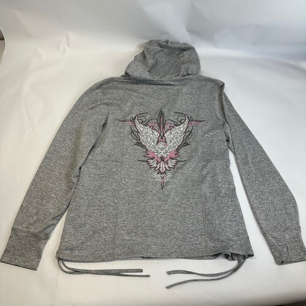 Riderdie Clothing Womens‎ 2XL Gray Full Zip Hoodie Biker Eagle Graphic Pink Logo
